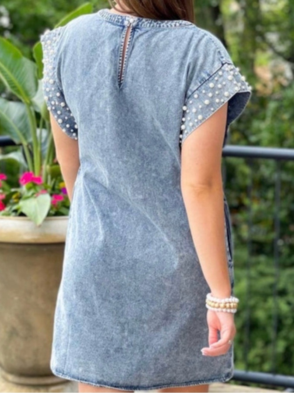 BiBi Washed Blue Short-Sleeve Tunic with Polka-Dot Sleeve Trim - Picture 2 of 3